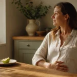 A woman sits thoughtfully in a sunlit kitchen, hand on her stomach, symbolizing body awareness and digestive health.