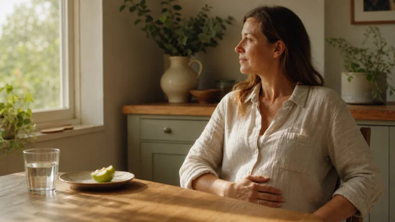 A woman sits thoughtfully in a sunlit kitchen, hand on her stomach, symbolizing body awareness and digestive health.
