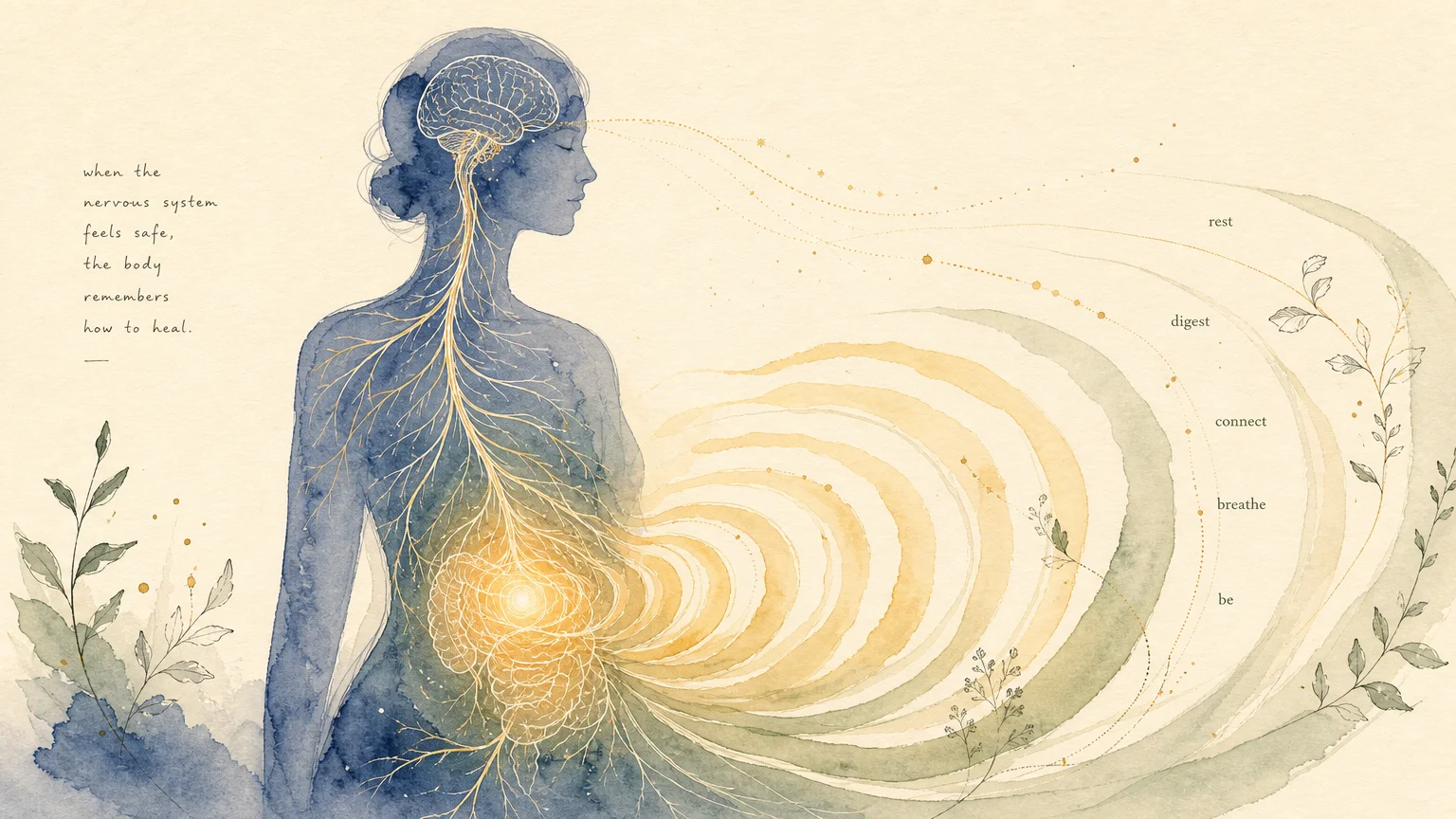 Abstract watercolor illustration of a human silhouette with calming waves of light radiating from the core to show relaxation.