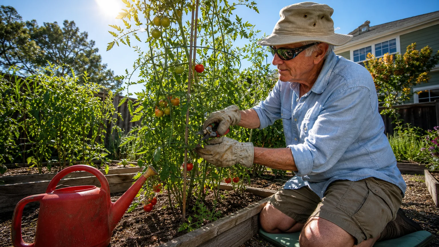 An active senior man wearing protective polarized sunglasses and a sun hat while gardening in his backyard.