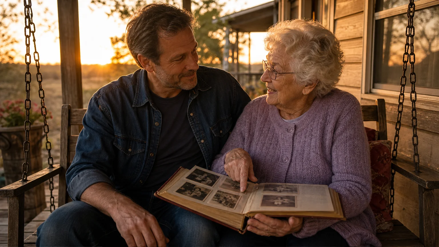 An adult son and his elderly mother smiling together while looking at an old photo album on a sunlit wooden porch swing.