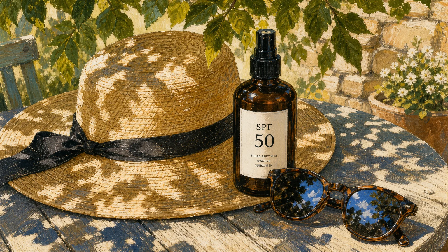 An artistic gouache illustration of a wide-brimmed straw hat, sunglasses, and SPF 50 sunscreen on a sun-dappled wooden table.