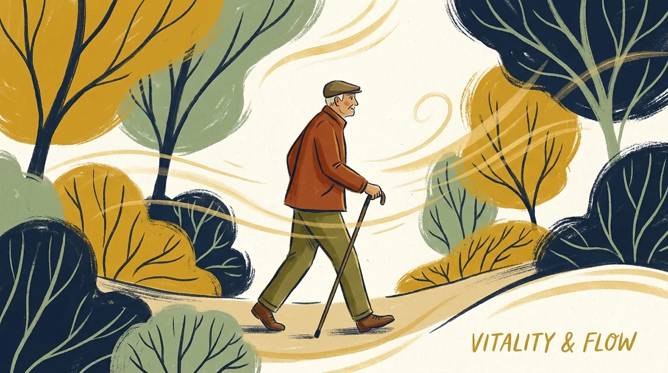 An artistic illustration of an older man walking briskly through a park, surrounded by stylized warm breeze and light rays.