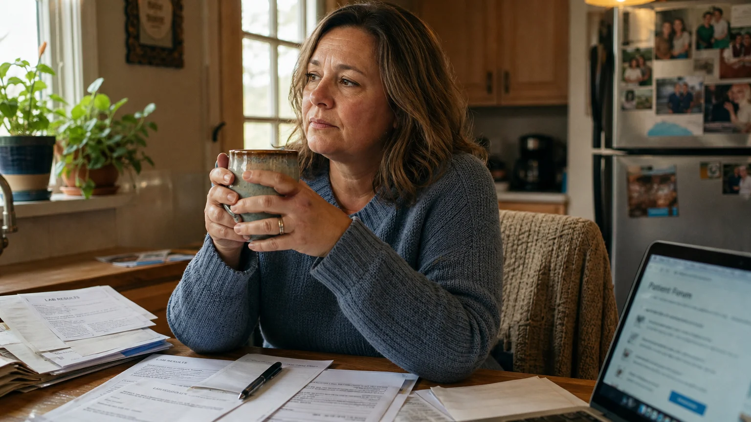 An authentic documentary photograph of a woman sitting at her kitchen table in natural light, holding a ceramic mug near medical papers.