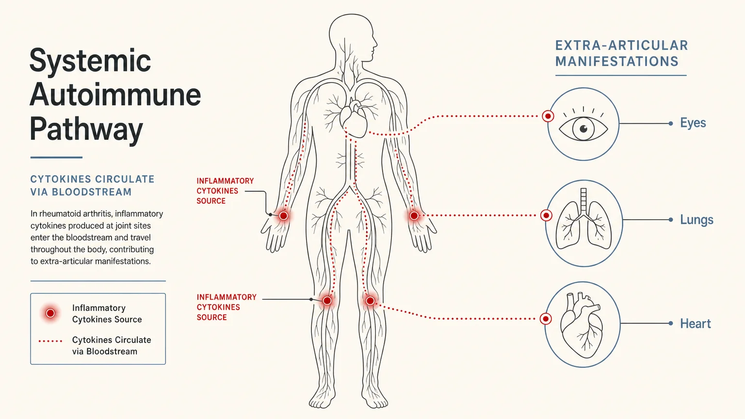 An editorial diagram showing inflammatory cytokines traveling through the bloodstream from joints to the eyes, lungs, and heart.