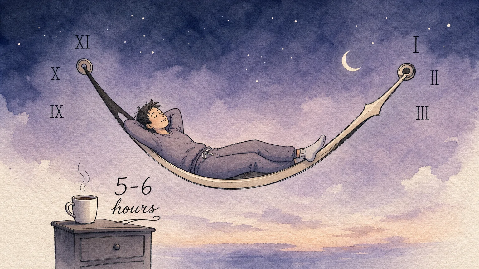 An editorial illustration of a person resting in a clock-hand hammock with a coffee cup nearby, symbolizing sleep and caffeine timing.