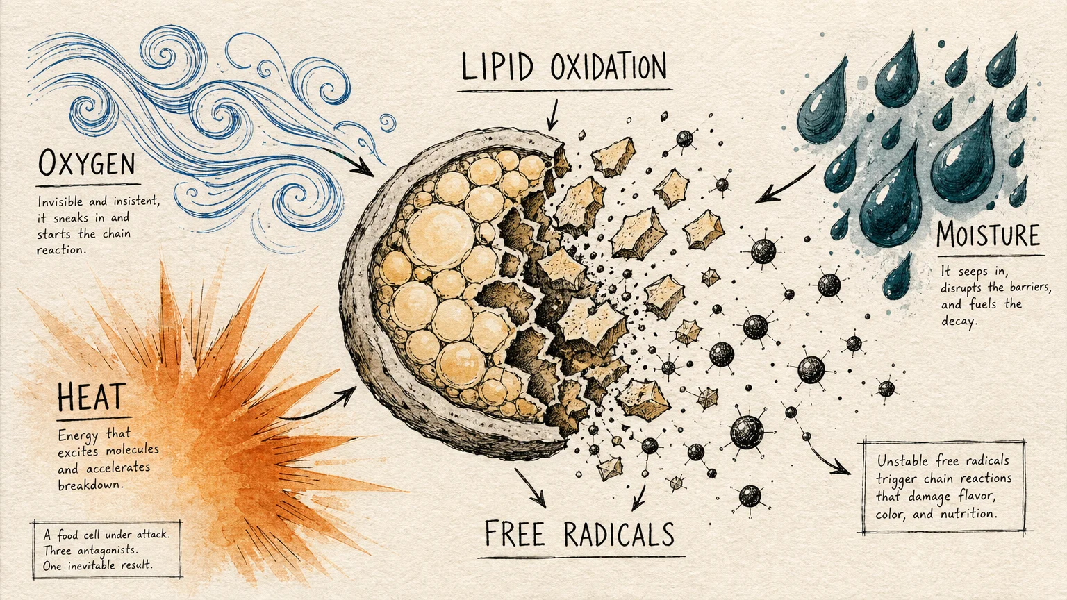 An editorial illustration showing Oxygen, Heat, and Moisture attacking a food cell, representing the science of nutrient degradation.