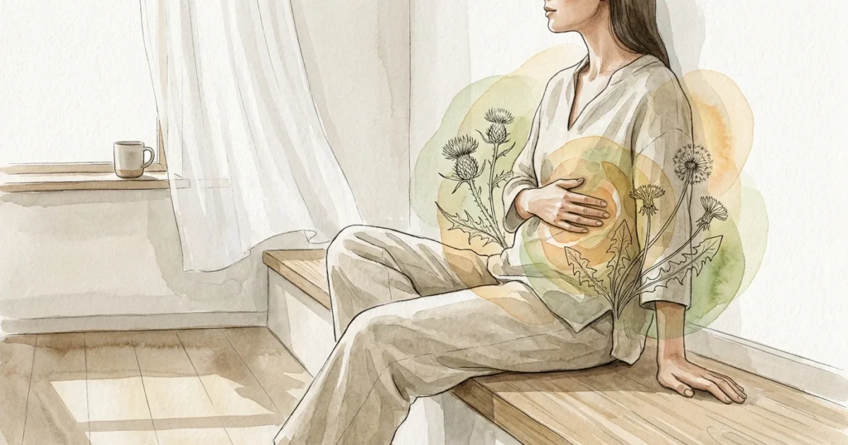 An editorial ink and watercolor illustration of a woman sitting by a sunny window, holding her hand mindfully over her lower right ribs.