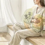 An editorial ink and watercolor illustration of a woman sitting by a sunny window, holding her hand mindfully over her lower right ribs.