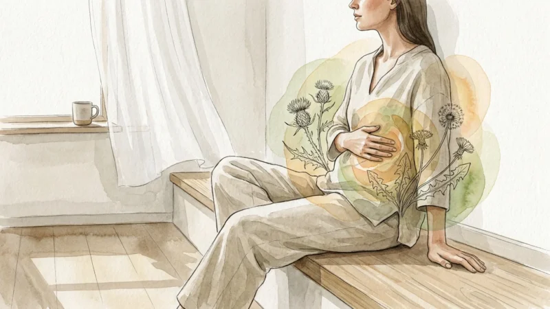 An editorial ink and watercolor illustration of a woman sitting by a sunny window, holding her hand mindfully over her lower right ribs.