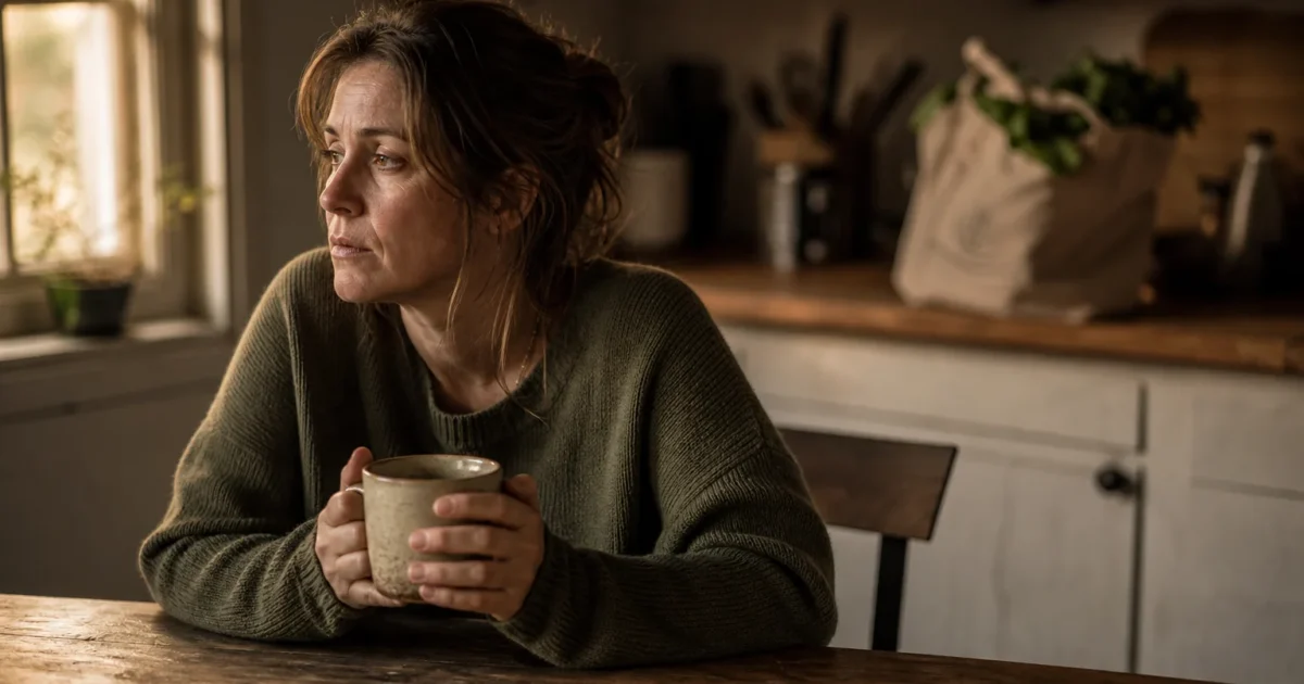 An editorial photograph of a woman sitting at a sunlit kitchen table holding a mug, reflecting subtle, deep fatigue.