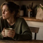 An editorial photograph of a woman sitting at a sunlit kitchen table holding a mug, reflecting subtle, deep fatigue.