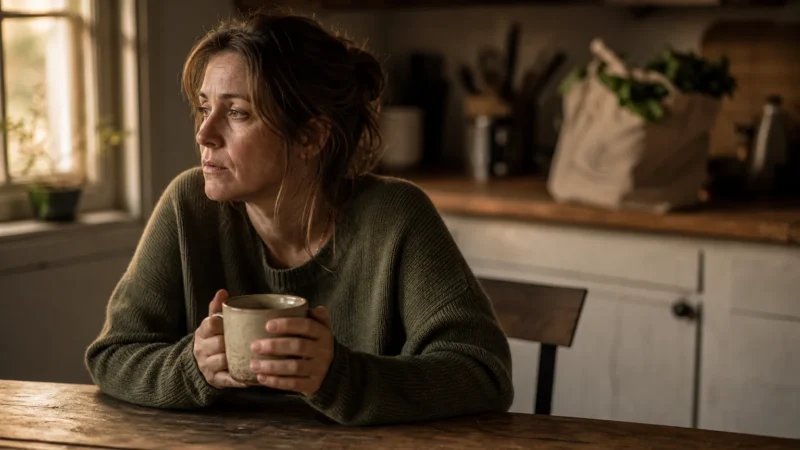 An editorial photograph of a woman sitting at a sunlit kitchen table holding a mug, reflecting subtle, deep fatigue.