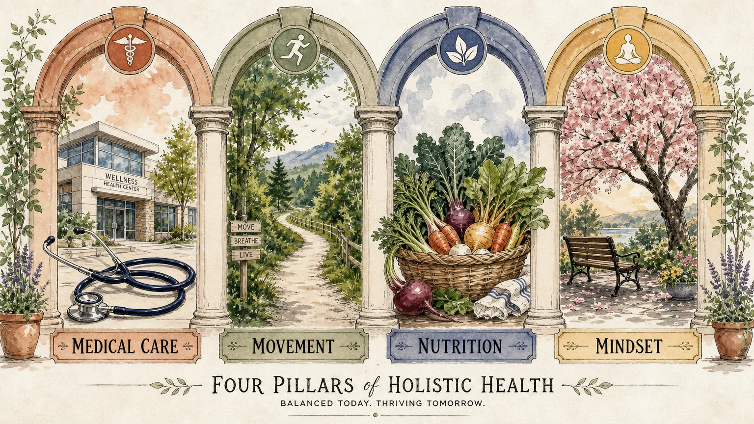 An illustration featuring four watercolor arches representing the four health pillars: Medical Care, Movement, Nutrition, and Mindset.