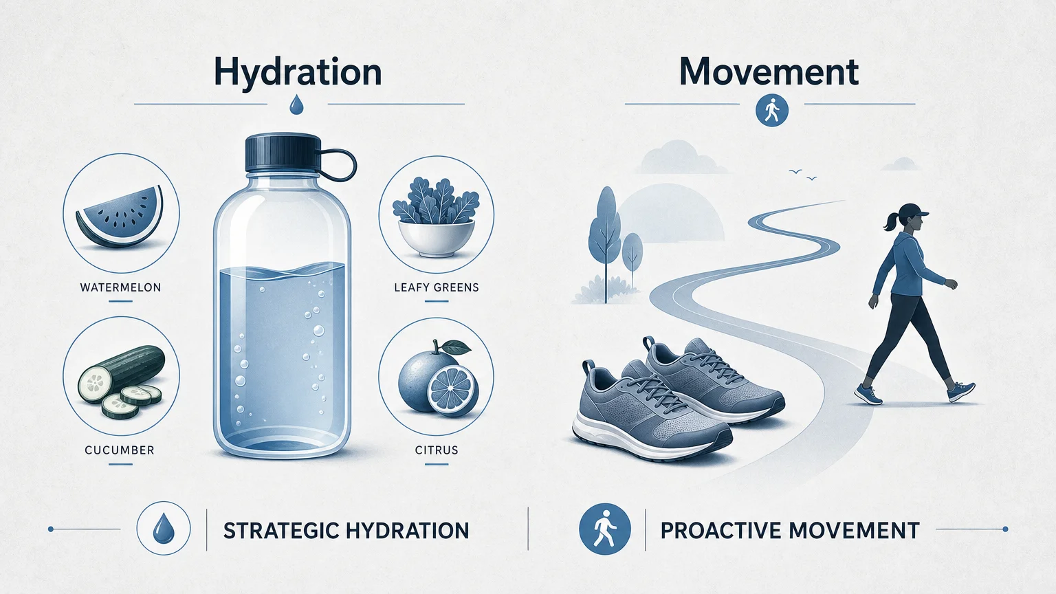An infographic showing icons for water intake and physical activity as strategies to manage gastrointestinal side effects.