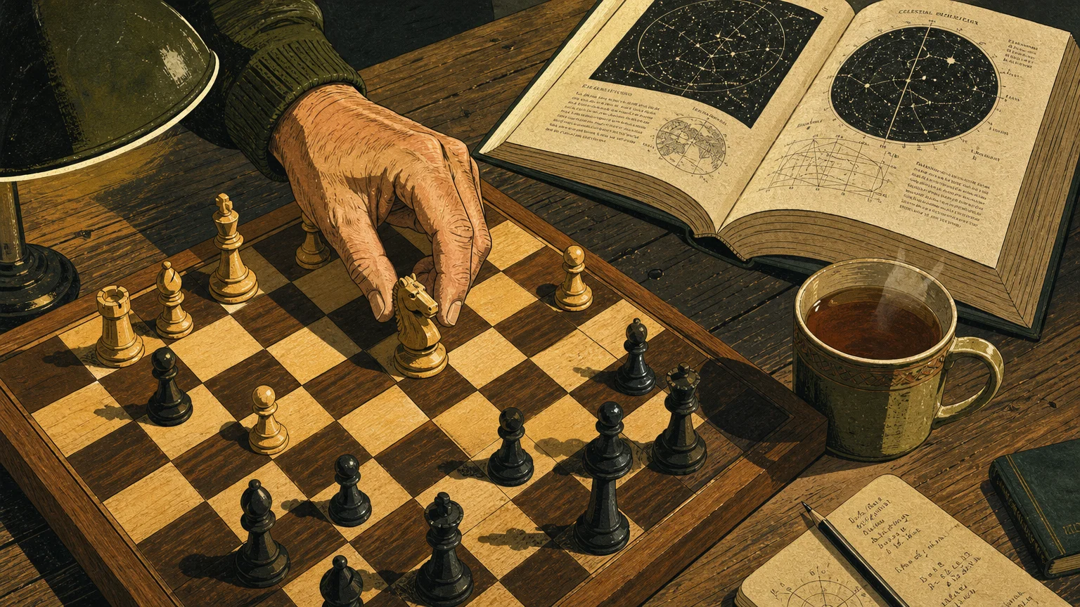 An ink and gouache illustration of hands playing chess next to an open book and hot tea.