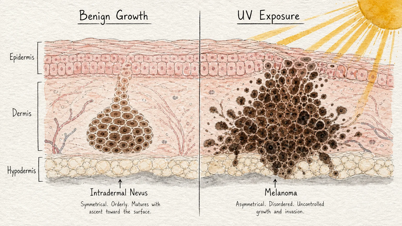 An ink and watercolor diagram showing a skin cross-section comparing orderly benign melanocytes to erratic cell growth caused by UV exposure