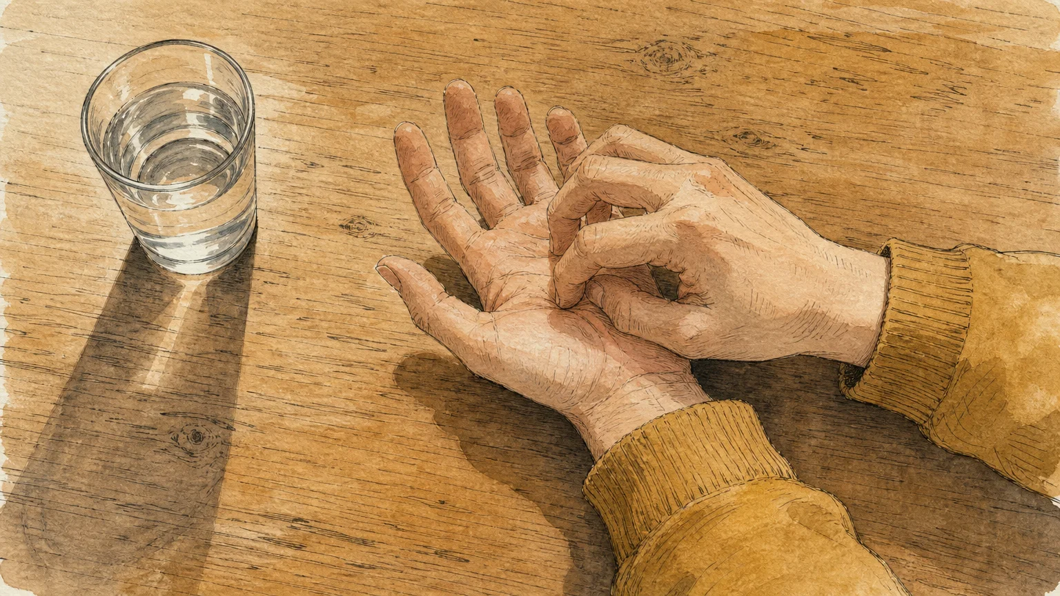 An ink and watercolor drawing of one hand scratching the palm of another on a warm wooden table next to a glass of water.
