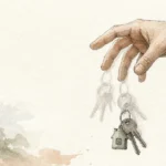 An ink and watercolor illustration of a hand momentarily dropping a set of keys, symbolizing a subtle, easily overlooked mini stroke symptom