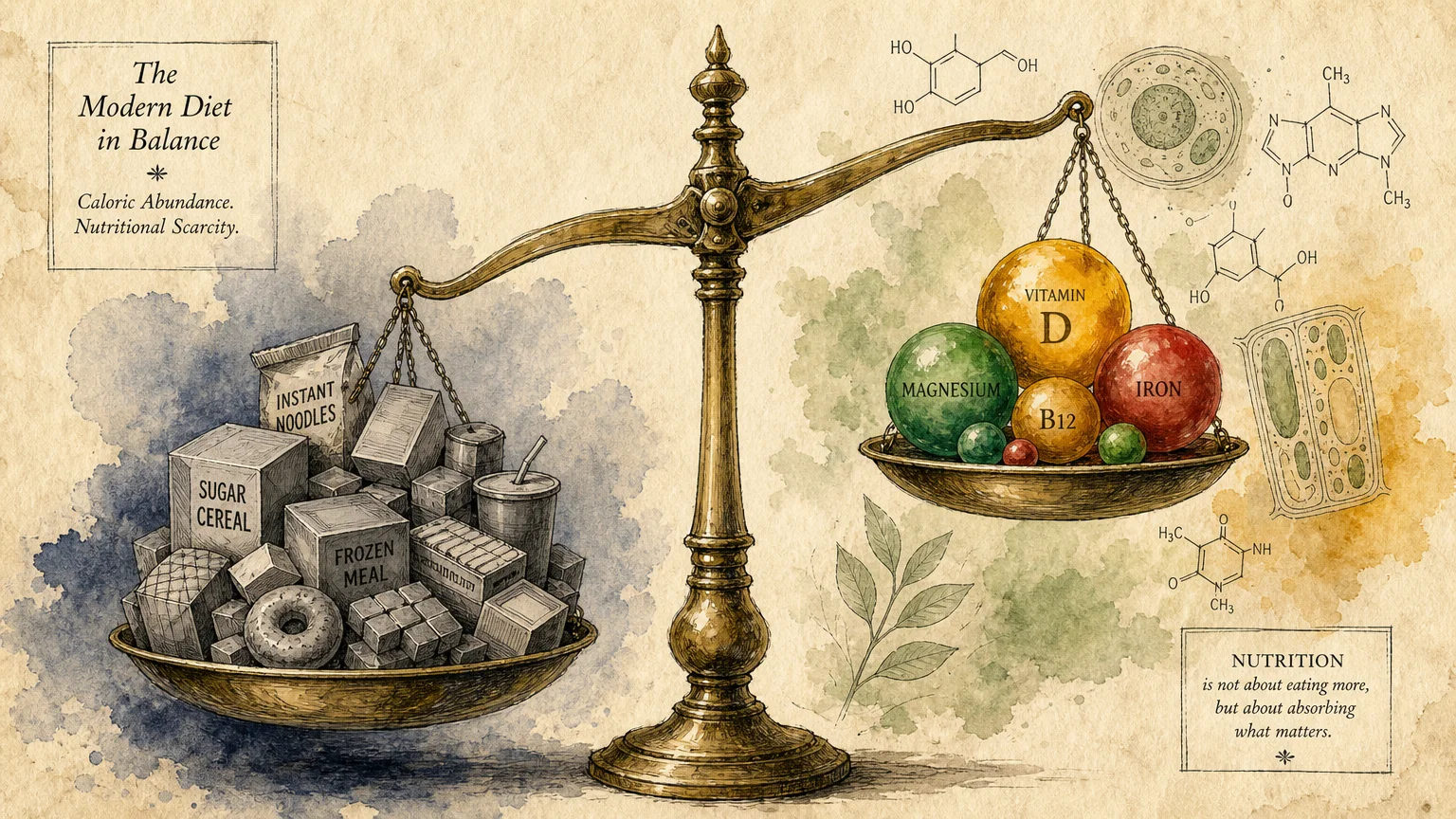 An ink and watercolor illustration of a scale balancing empty calorie shapes against vibrant, glowing nutrient spheres.