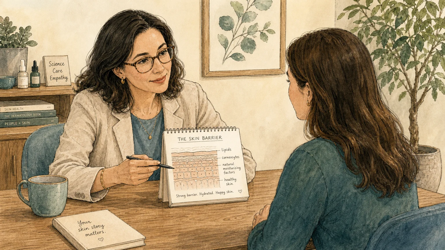 An ink and watercolor illustration of an empathetic dermatologist discussing scalp care with a patient in a warm office.