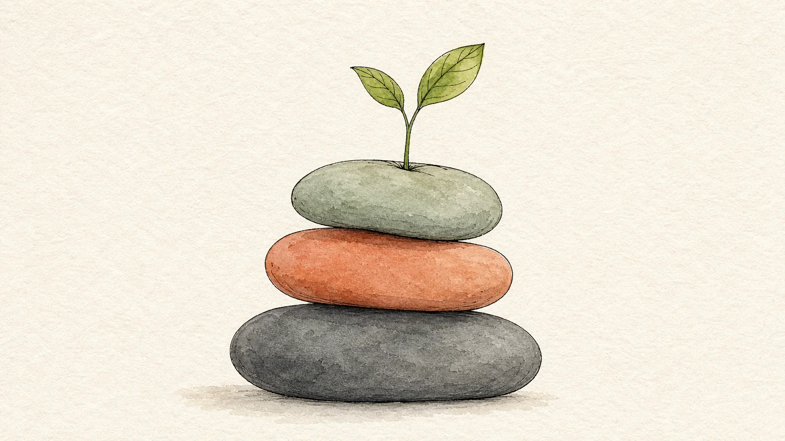 An ink and watercolor illustration of three balanced stones with a small green sprout growing from the top.