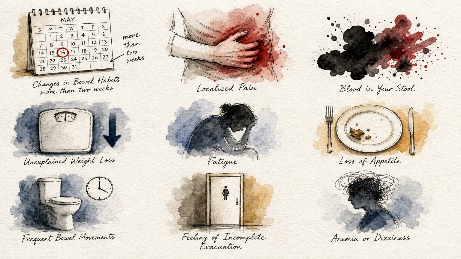 An ink and watercolor illustration showing conceptual vignettes of digestive distress symptoms like pain and chronic constipation.