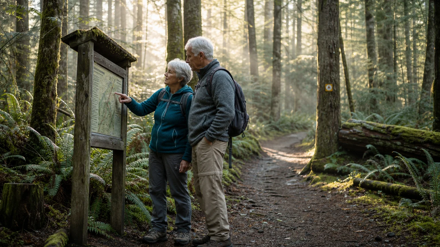 An older couple in hiking gear looking at a trail map signpost along a misty forest path.