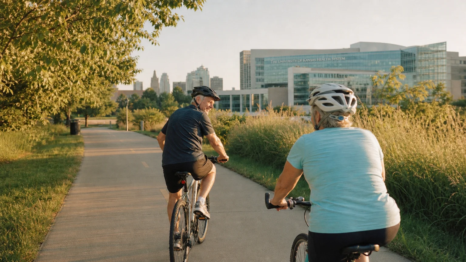 An older couple joyfully riding bicycles along a paved greenway trail with a modern medical campus visible in the soft-focus background.