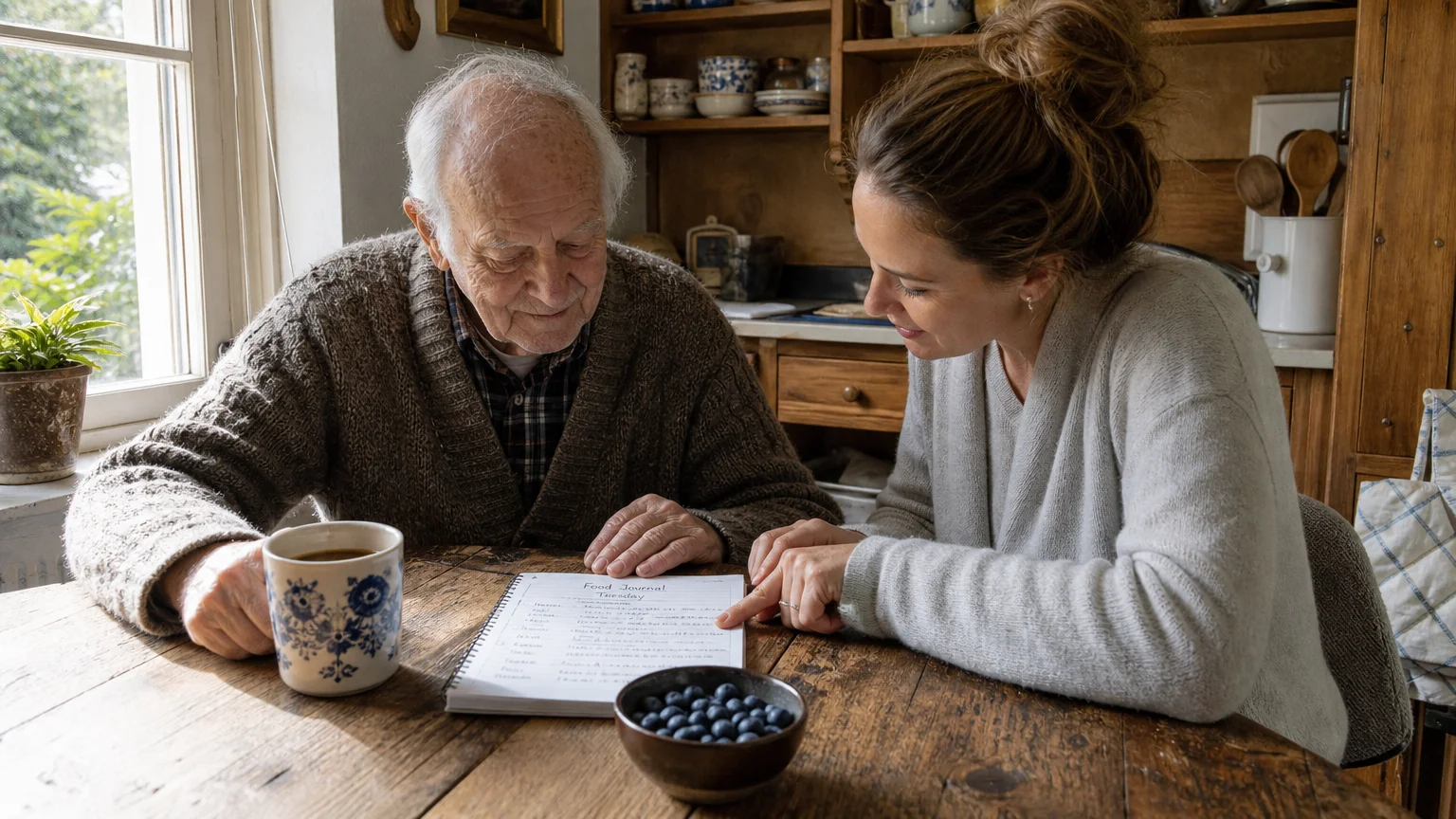 An older man and a nutritionist discuss a food journal at a rustic, sunlit kitchen table in a warm, documentary style.