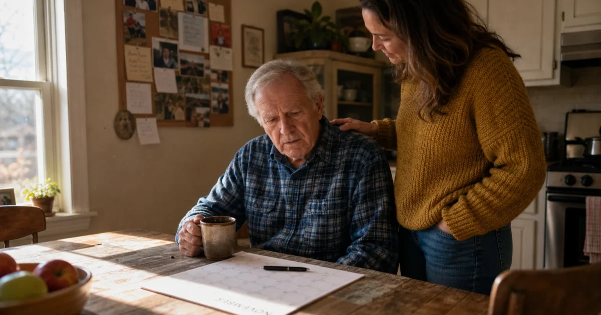 An older man looking thoughtfully at a table calendar while his supportive adult daughter rests a hand on his shoulder in a warm kitchen.