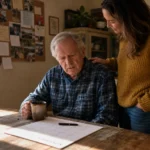 An older man looking thoughtfully at a table calendar while his supportive adult daughter rests a hand on his shoulder in a warm kitchen.