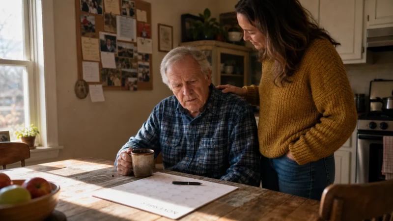 An older man looking thoughtfully at a table calendar while his supportive adult daughter rests a hand on his shoulder in a warm kitchen.