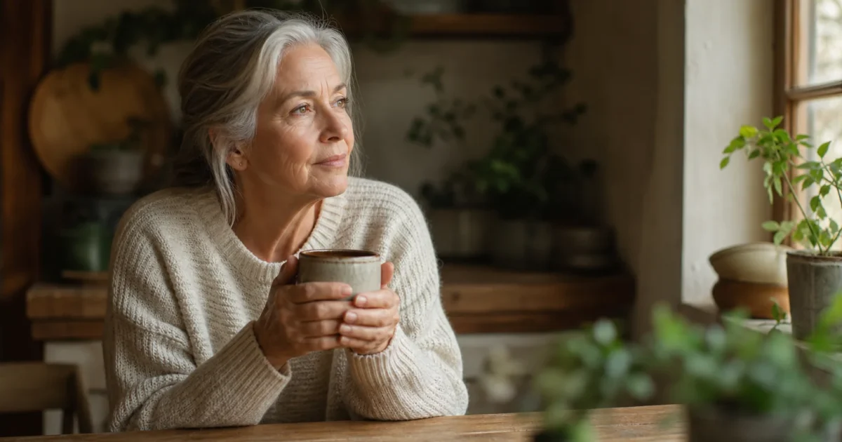 An older woman in a cream sweater sits at her kitchen table holding a warm mug in natural morning light.