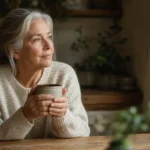 An older woman in a cream sweater sits at her kitchen table holding a warm mug in natural morning light.