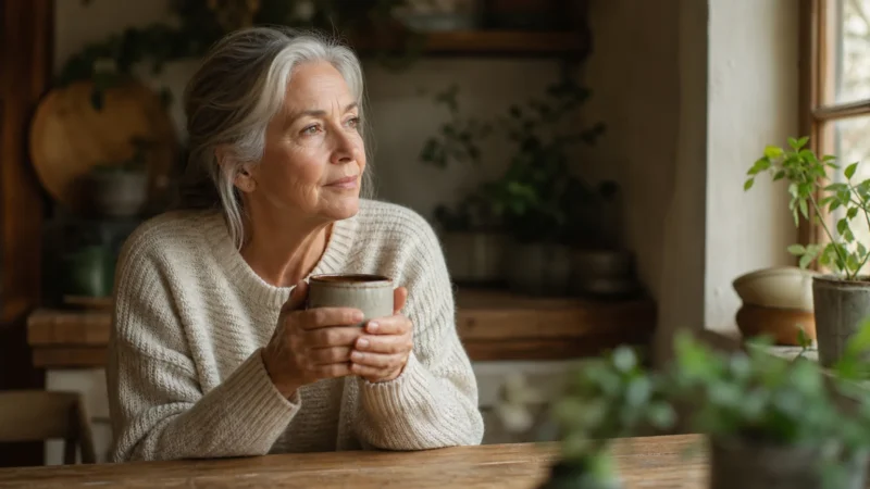 An older woman in a cream sweater sits at her kitchen table holding a warm mug in natural morning light.