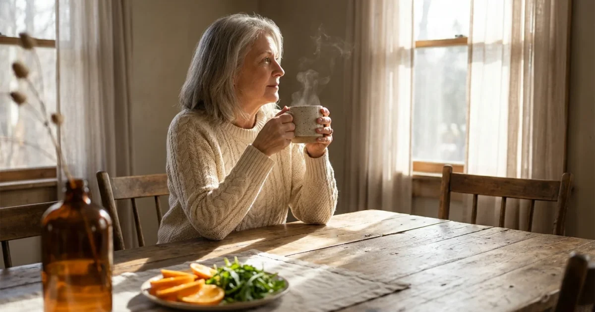 An older woman sits at her sunlit kitchen table, looking thoughtfully out the window with fresh fruit and a supplement bottle nearby.