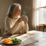 An older woman sits at her sunlit kitchen table, looking thoughtfully out the window with fresh fruit and a supplement bottle nearby.