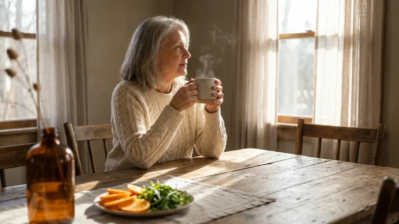 An older woman sits at her sunlit kitchen table, looking thoughtfully out the window with fresh fruit and a supplement bottle nearby.