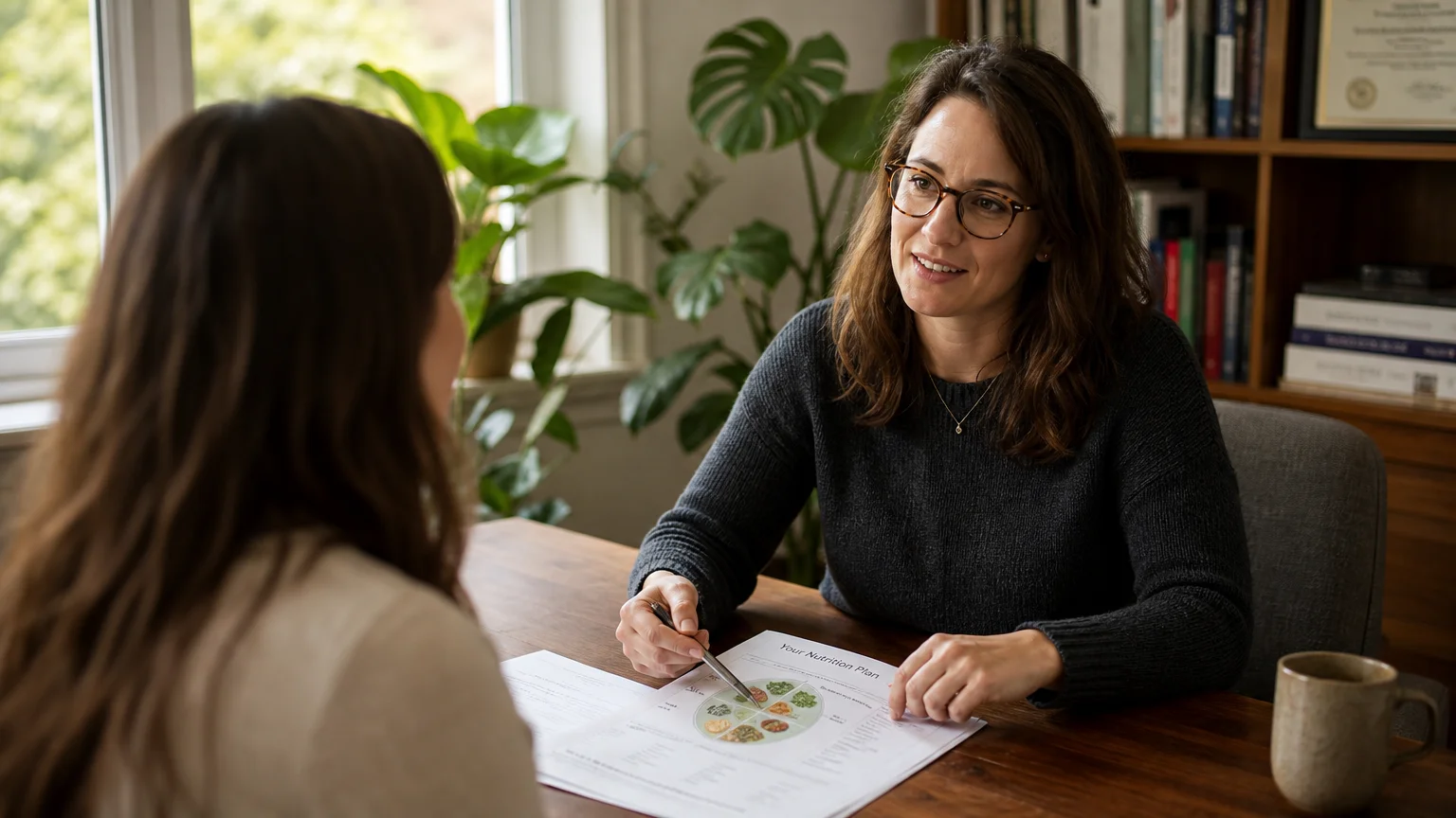 An over-the-shoulder photograph of a nutritionist discussing a printed meal plan with a client in a warm, plant-filled office.