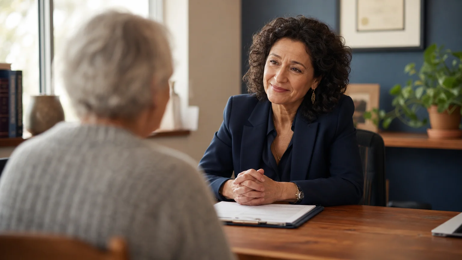 An over-the-shoulder view of a compassionate female clinician listening intently to an older patient during a warm consultation.