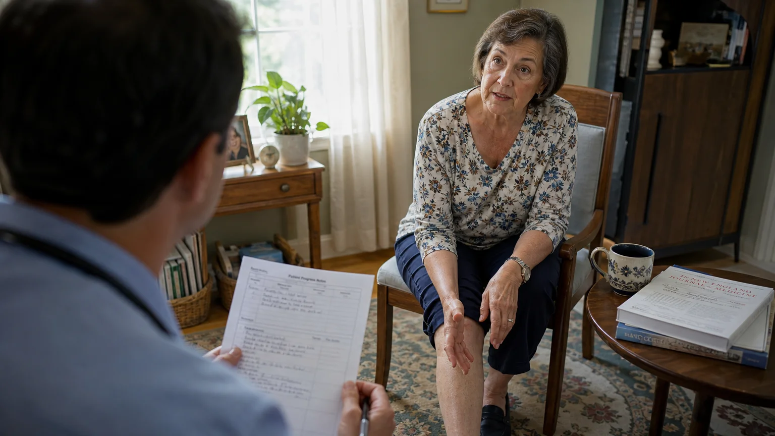 An over-the-shoulder view of a doctor listening to a patient describe her leg symptoms in a warm, sunlit office.
