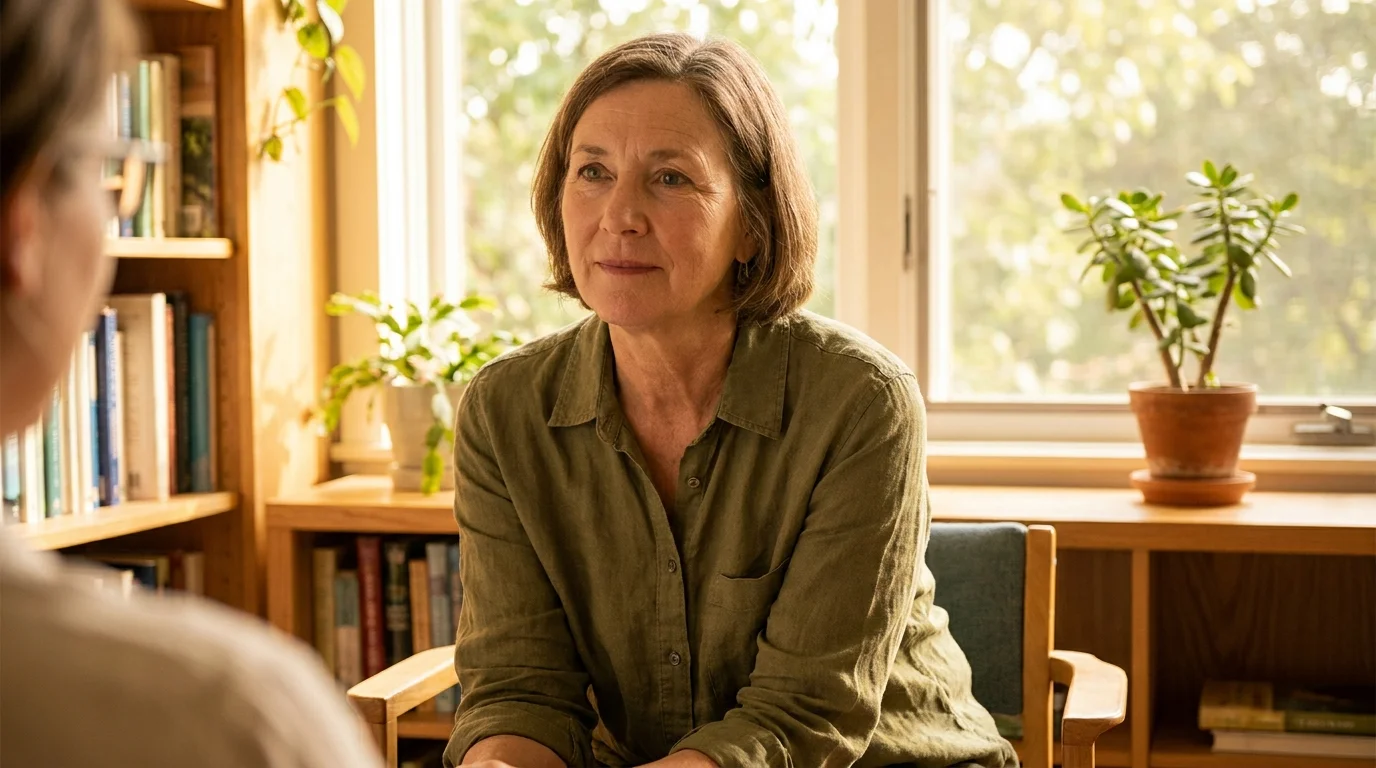 An warm, editorial portrait of a female clinician in her sixties sitting in a sunlit office, listening with a kind expression.
