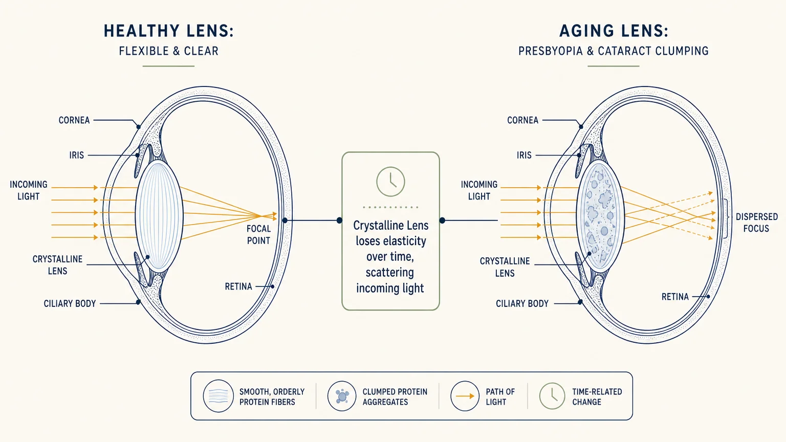 Anatomical diagram comparing a healthy clear eye lens to an aging lens showing protein clumping and cataracts.