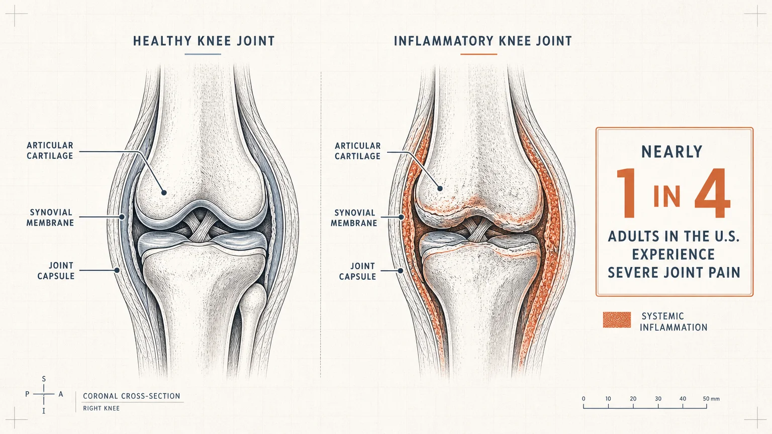Anatomical diagram comparing a healthy knee joint to one with inflammation, noting that 1 in 4 adults experience severe joint pain.