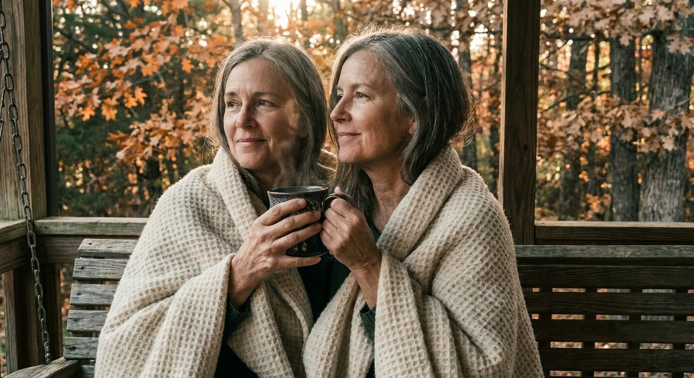 Candid photo of a mature woman on a porch swing wrapped in a blanket, drinking tea in warm autumn light.