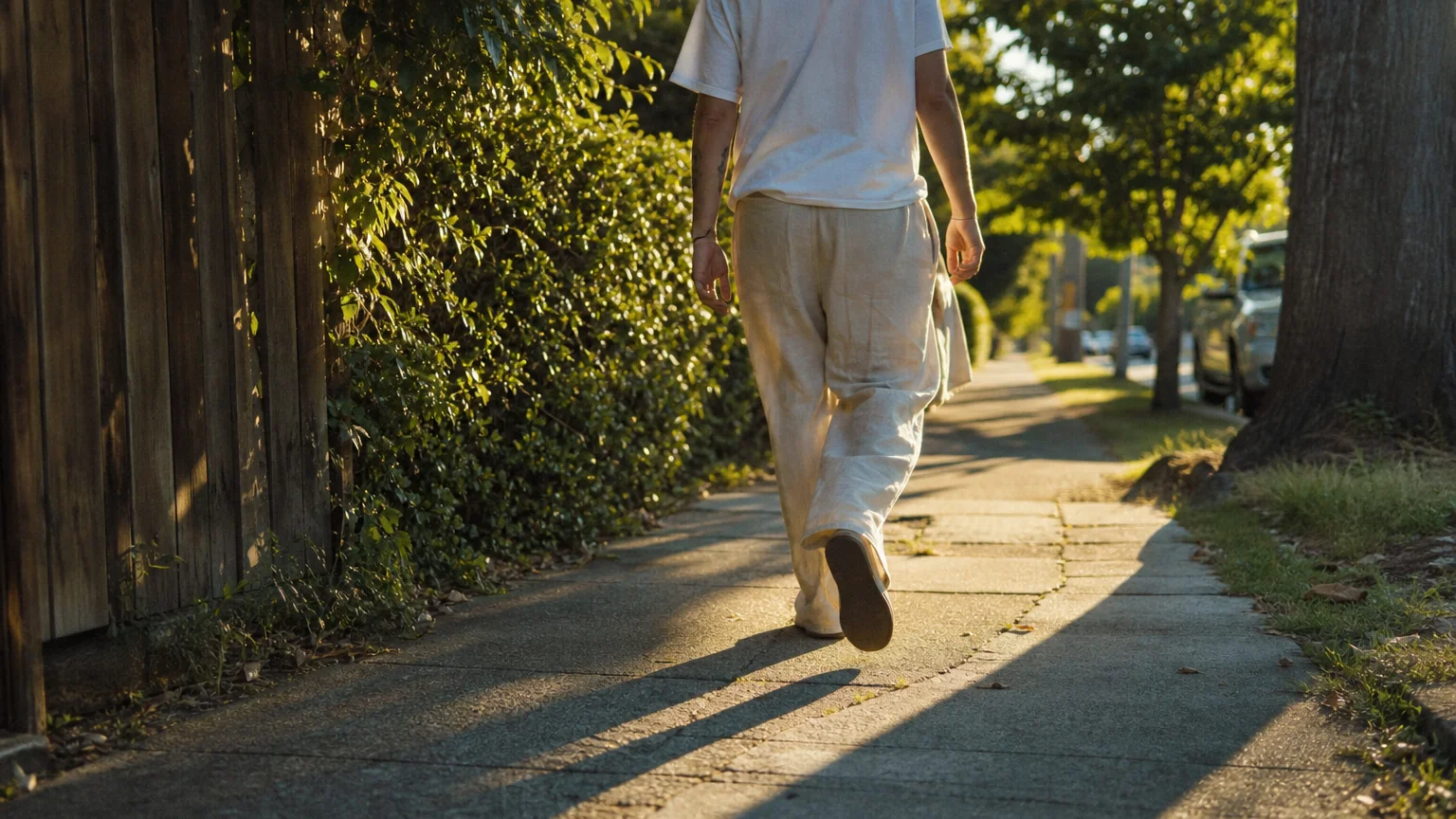Candid photograph from behind of a person in linen pants walking down a sunlit sidewalk during golden hour.