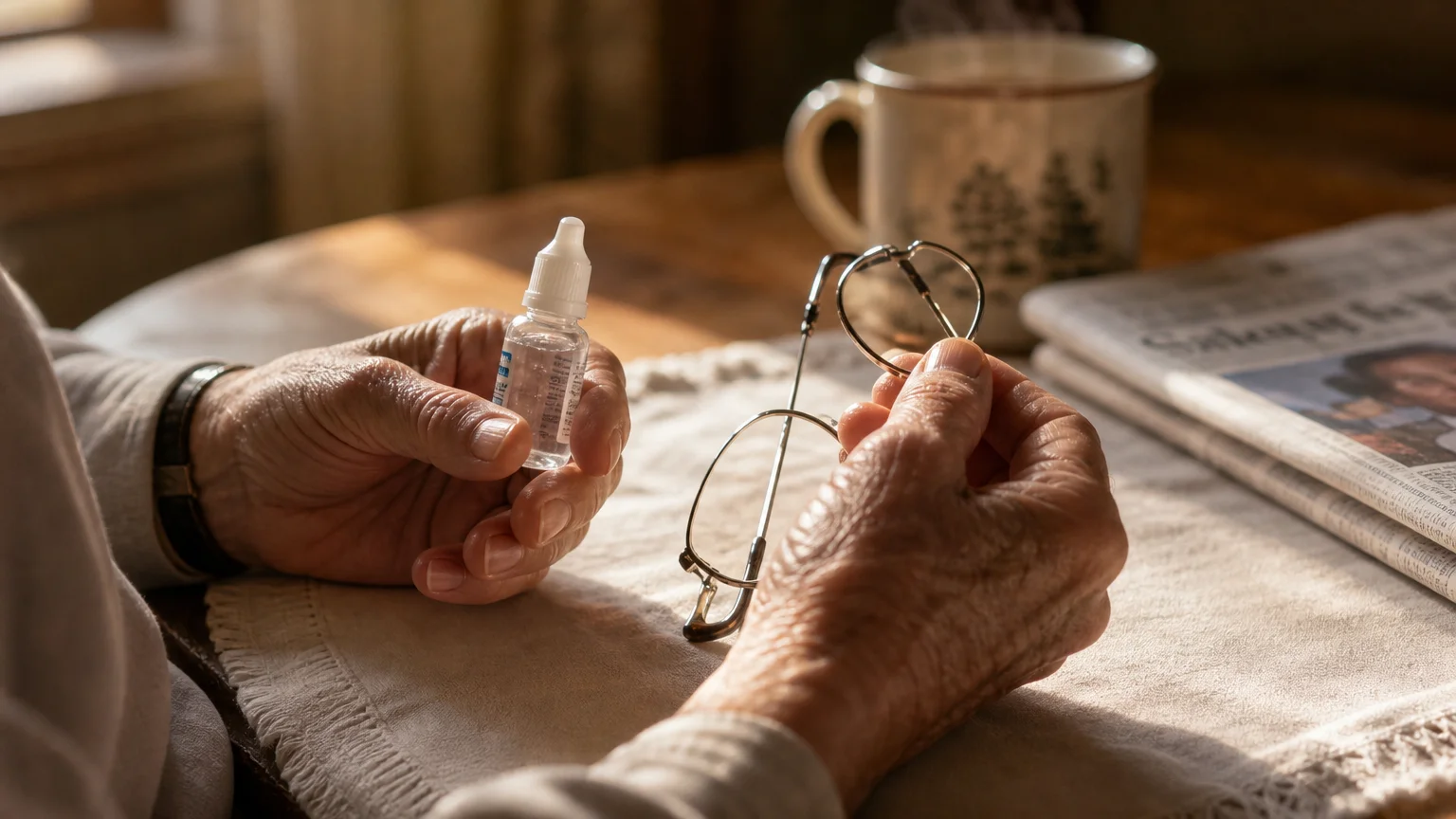 Close-up of a senior citizen's weathered hands holding an eye-drop bottle and reading glasses on a wooden table.