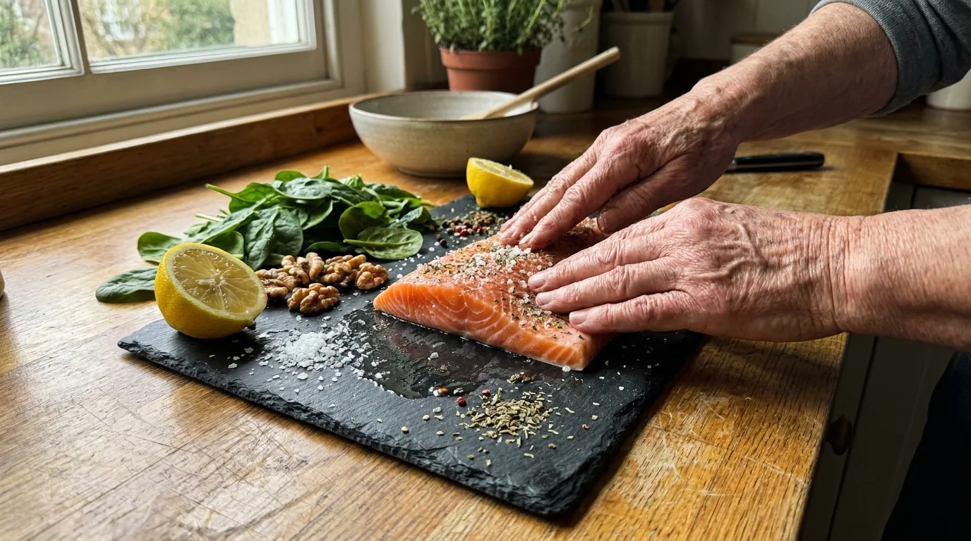 Close-up of a senior's hands preparing a salmon fillet on a cutting board, surrounded by fresh greens and lemon in a home kitchen.