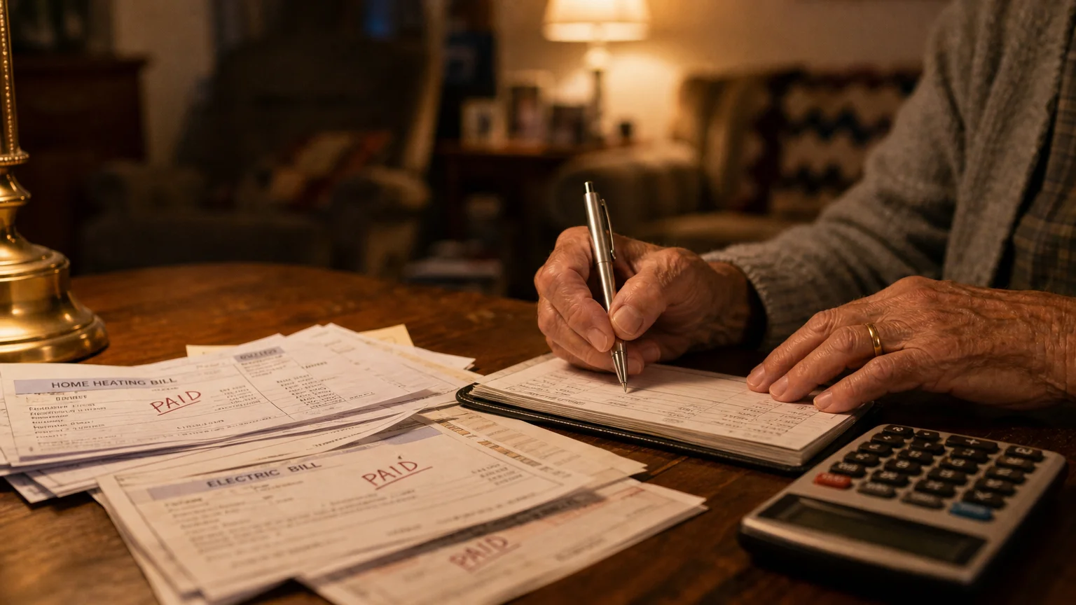 Close-up of an elderly person's weathered hands attempting to organize bills and a checkbook on a warm wooden table.